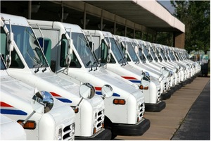 A row of white delivery trucks