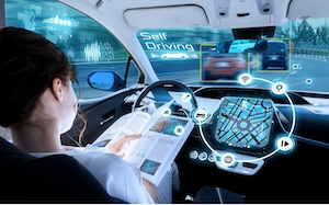 Passenger reading a book inside a self-driving car with digital navigation and sensor interface displayed on the windshield.